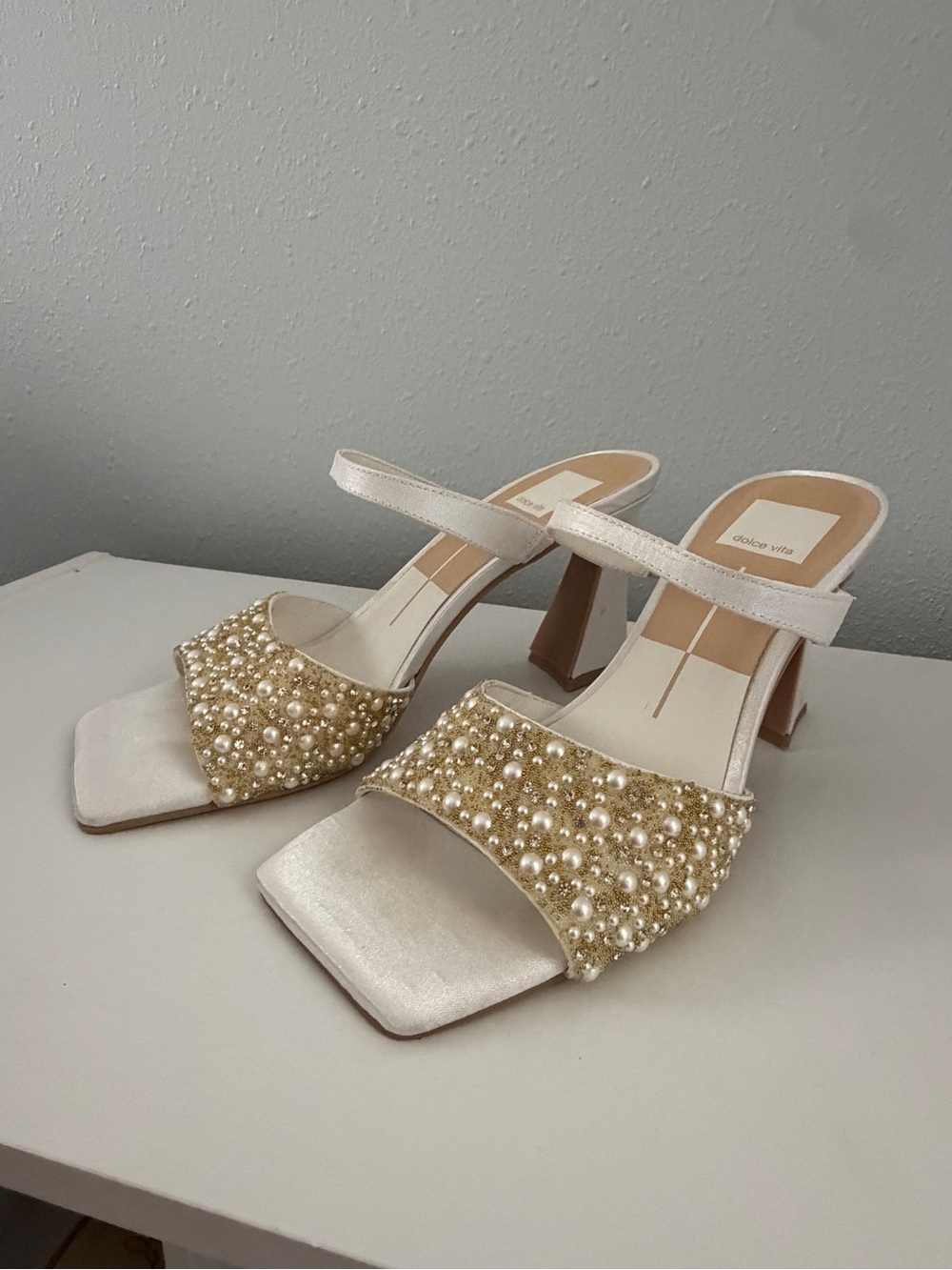 Dolce Vita Pearl-Embellished Ivory Strappy Block Heels